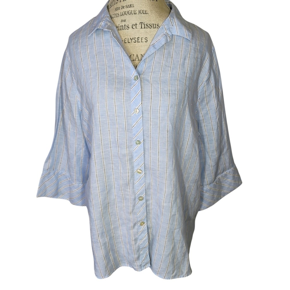 Chicos 100% Linen No Iron Shirt Womens XL Blue Striped Button Down 3/4 Sleeve